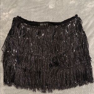 White Fox Boutique Black Sequin Fringe Mini Skirt